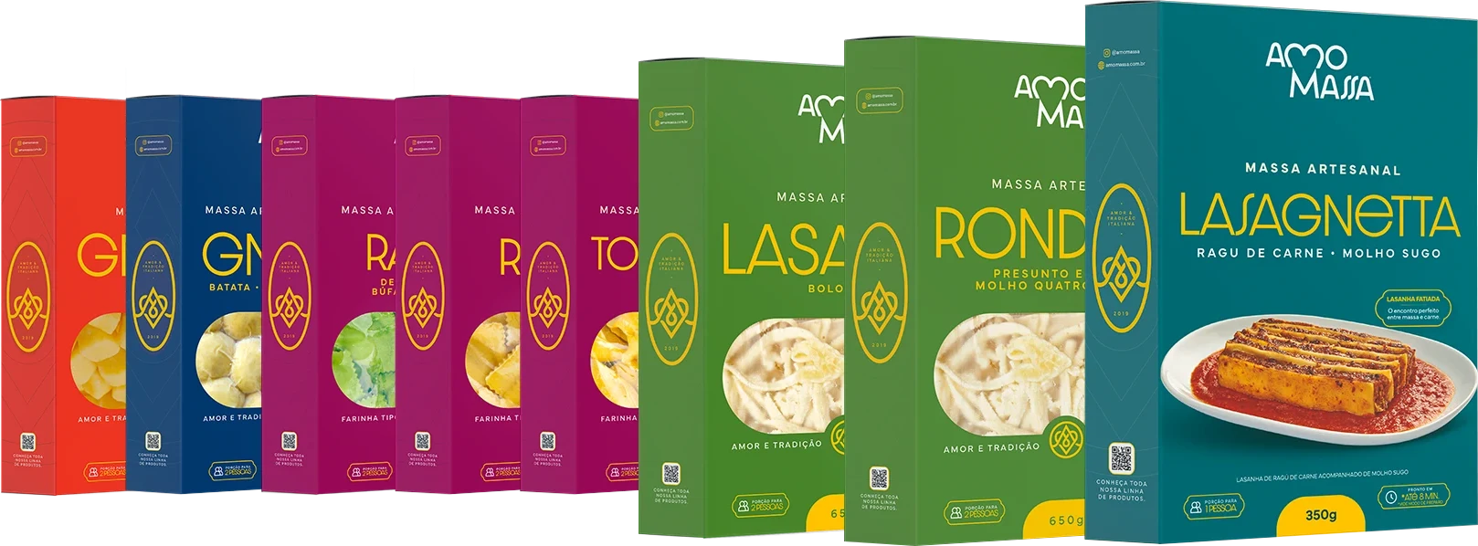 Linha de massas artesanais Amo Massa: gnocchi, ravióli, tortelloni, lasanha, rondelli e lasagnetta