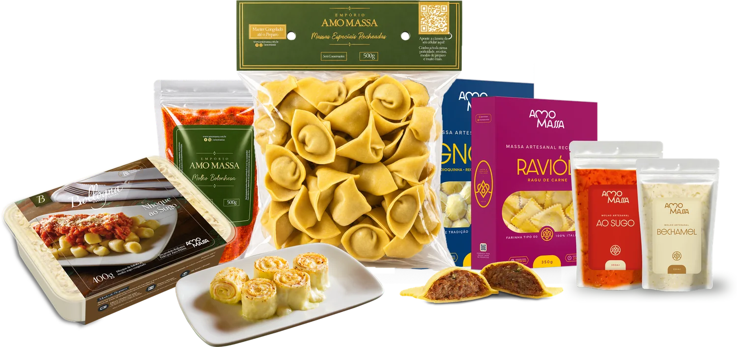 Linha completa Amo Massa: lasanha, tortelloni, gnocchi, ravióli e molhos artesanais
