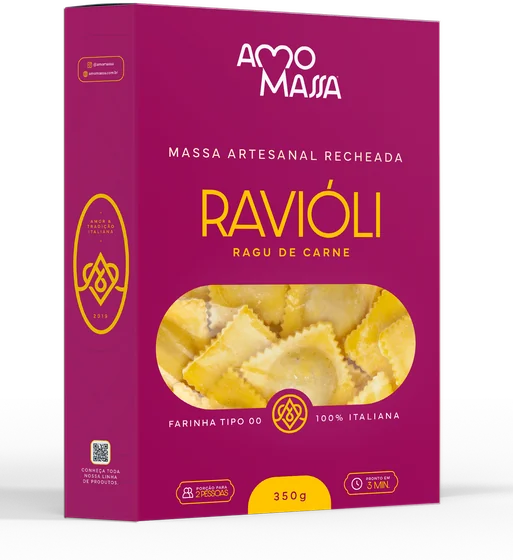 Linha Mercado Amo Massa — caixas coloridas de massas e sachês de molho
